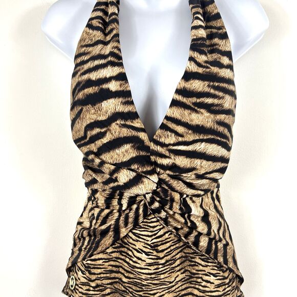 Michael Michael Kors Size 12 Animal Print Halter Ruched One Piece Swimsuit Logo - Picture 2 of 10